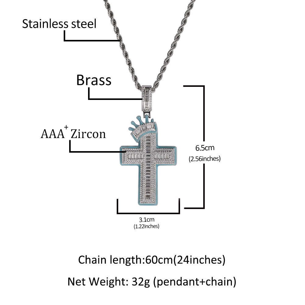 European Hip Hop Crown Cross Shape Luminous Diamond Pendant Necklace Fashion Trend Unisex Sweater Chain