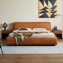 意式轻奢复古真皮床高端大气软包双人床1.8m现代简约主卧大床平层