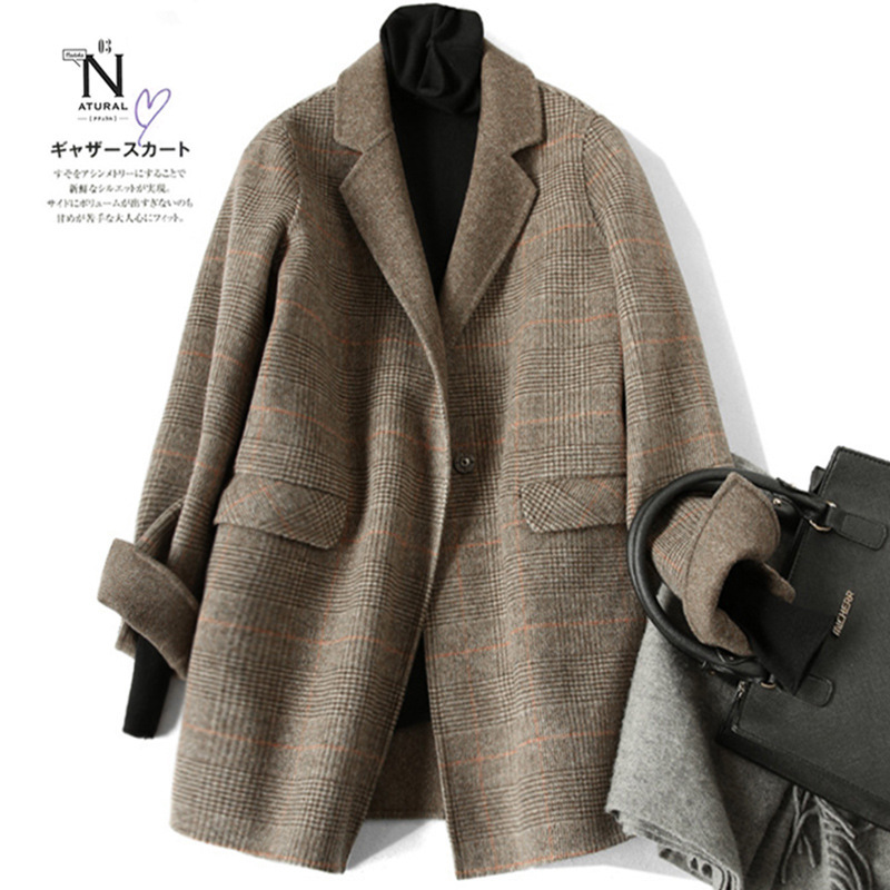 zoj手缝双面羊毛西装外套女2023女装新款好货秋冬季格子毛呢大衣