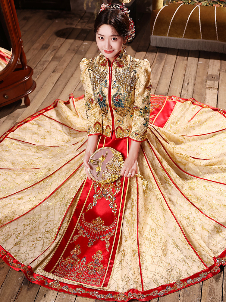 香槟金秀禾服2022年新款浅色新娘结婚礼服撞色中式嫁衣奢华敬酒服