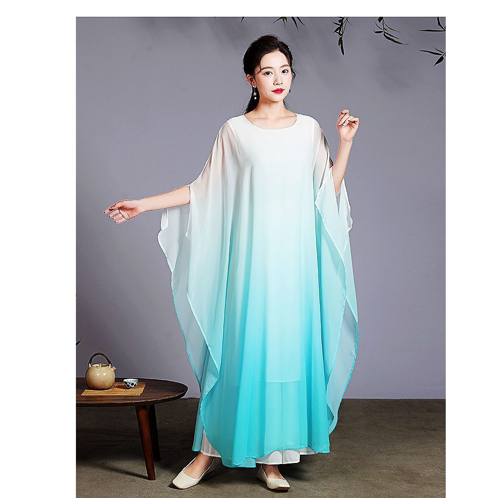 禅舞服装女双层茶风仙女范渐变色禅意飘逸中式女装连衣裙-阿里巴巴