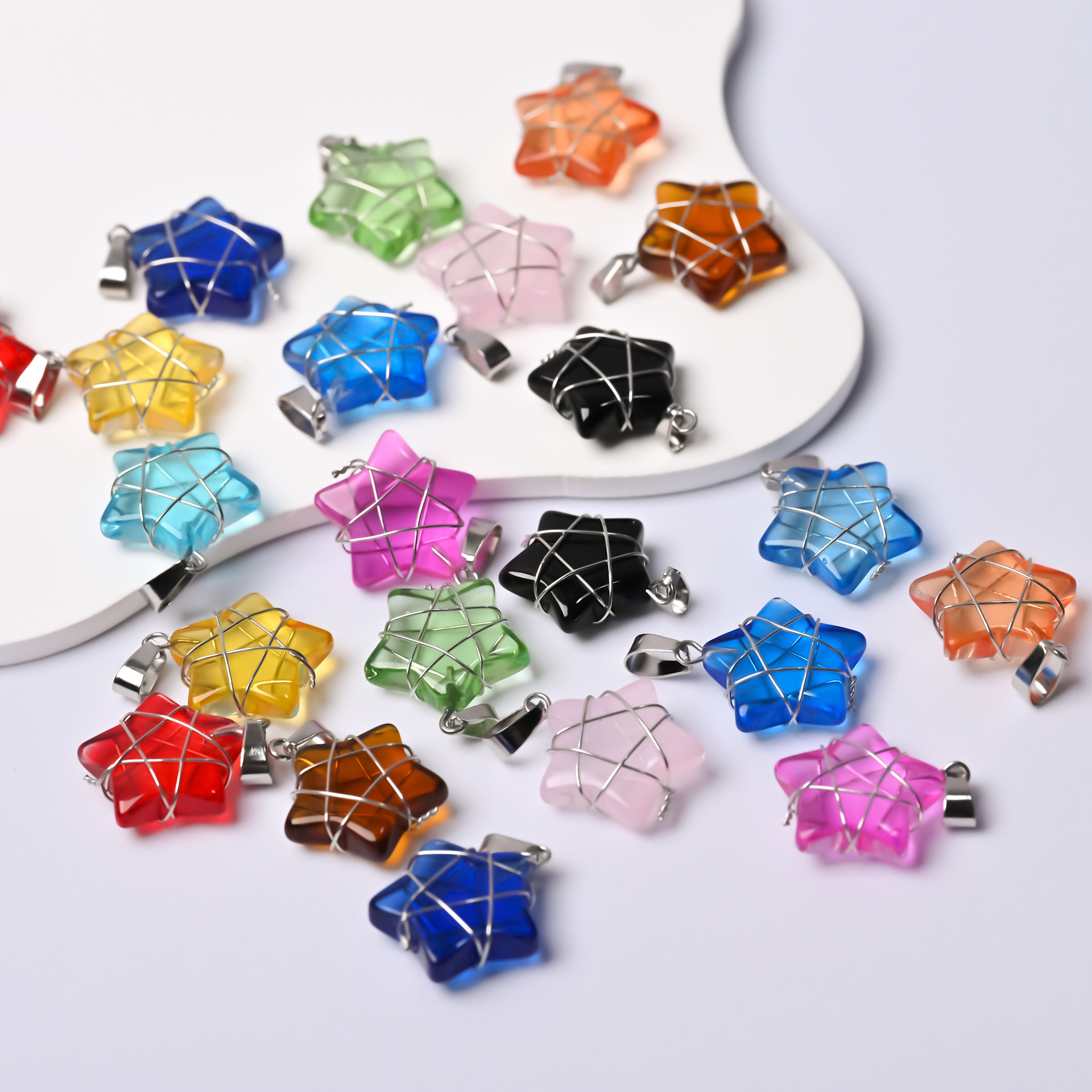 跨境热销水晶爱心吊坠多色绕金丝线五角星玉石挂件项链厂家直销