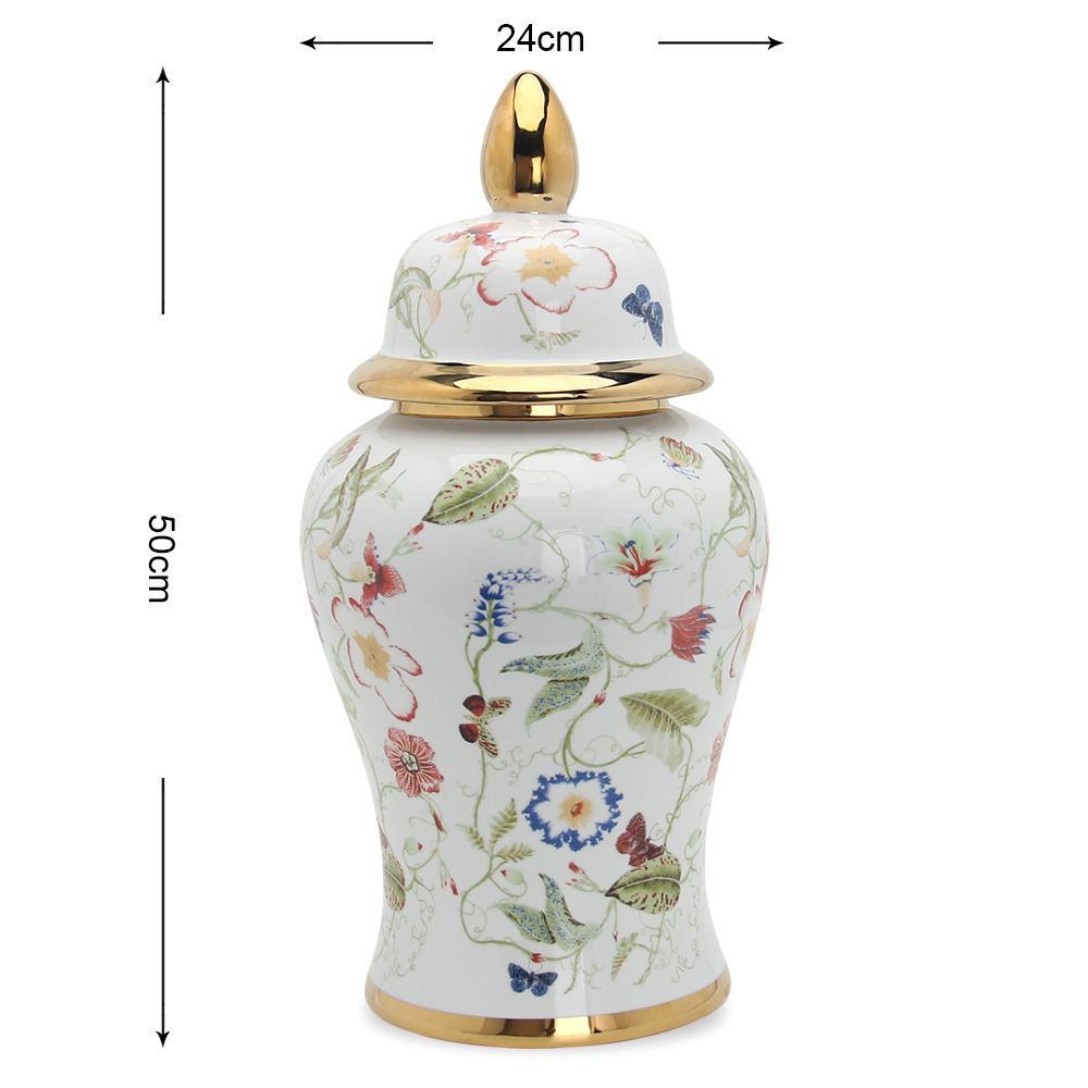 Jingdezhen Vase Ceramic Decoration Light Luxury Flower Bird Butterfly Temple Jar Artware Decorations Flower Arrangement Decoration