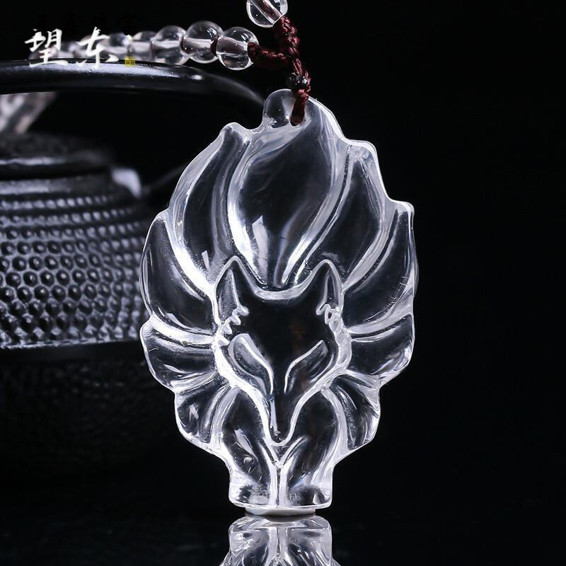 互鑫平安福桃花挂件白水晶九尾狐狸吊坠双狐小狐狸项链女男款