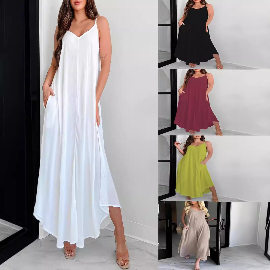 2024新款欧美跨境 亚马逊独立站女装休闲宽松吊带v领纯色连衣长裙