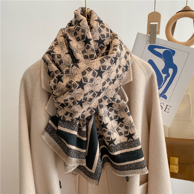 2022 Autumn and Winter Five-Pointed Star Warm Scarf Female Long Thickened Artificial Cashmere Scarf Wholesale Factory Stall Wholesale