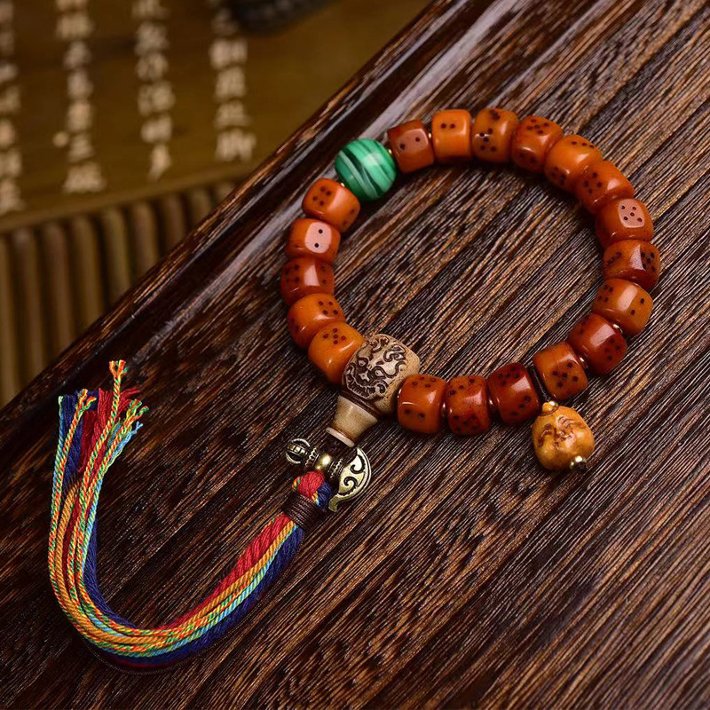 藏传回流雕刻骰子文玩手串老铜背云卡子配饰藏式骆驼骨单圈手链