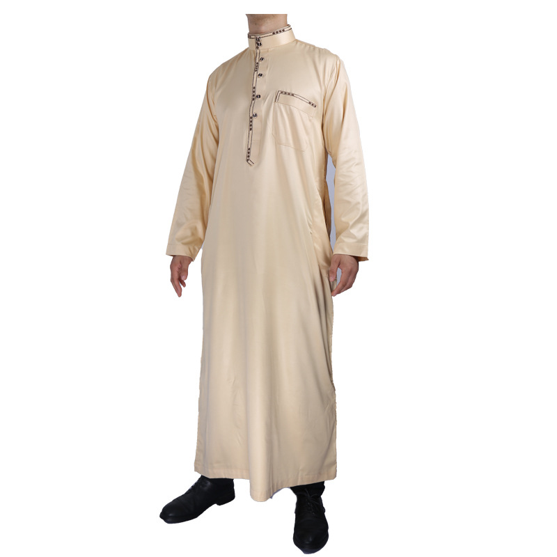 Foreign Trade Wholesale Men's Arab Robe Bright Polyester Simple Embroidered African Style Qatar 2022 Islamic Men's Gown