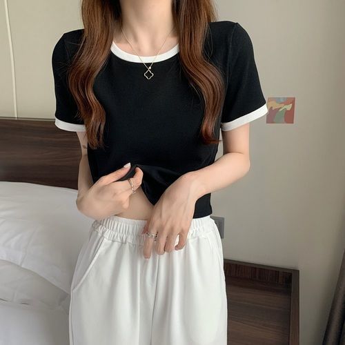 2023 Contrast Color round Neck Short-Sleeved T-shirt Women's Summer Bottoming Shirt Korean Style Slim-Fitting Short T-shirt Female Students Foreign Trade Wholesale