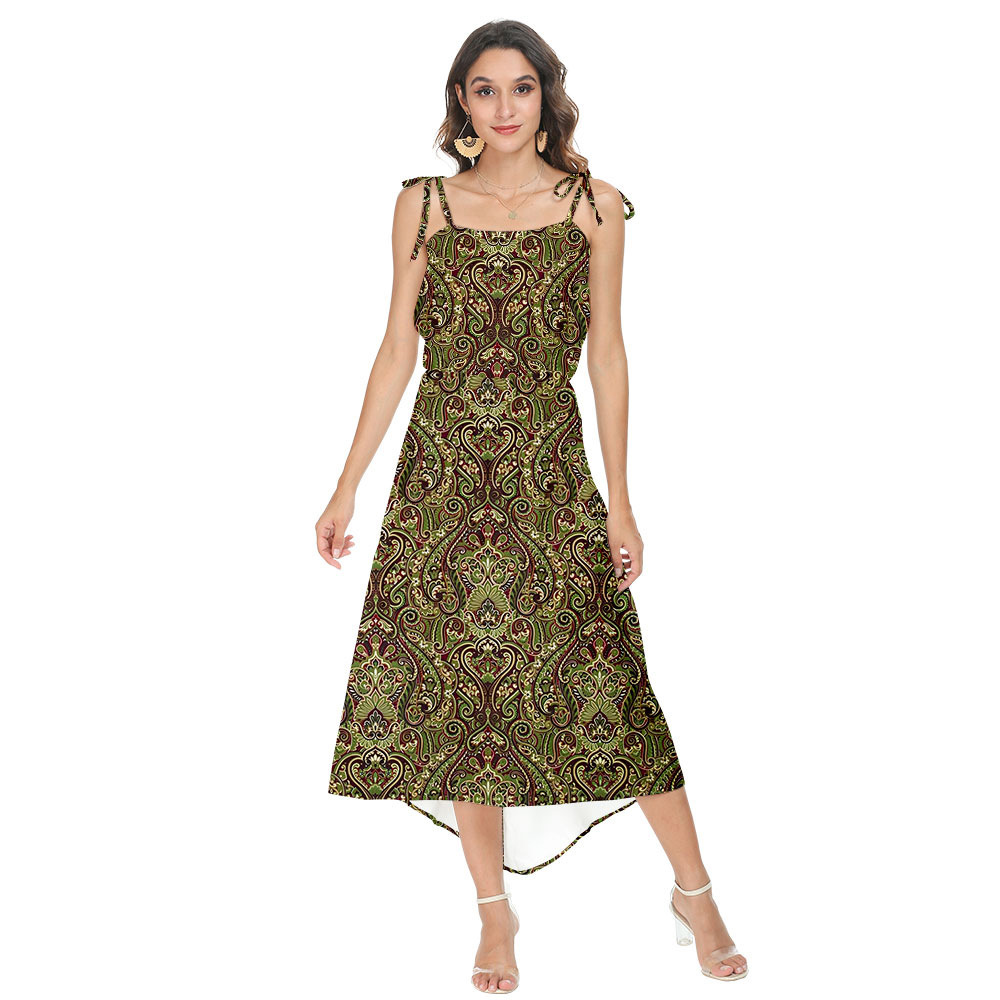 外贸新品维多利亚风格数码印花夏季轻薄中长裙吊带七分连衣裙女