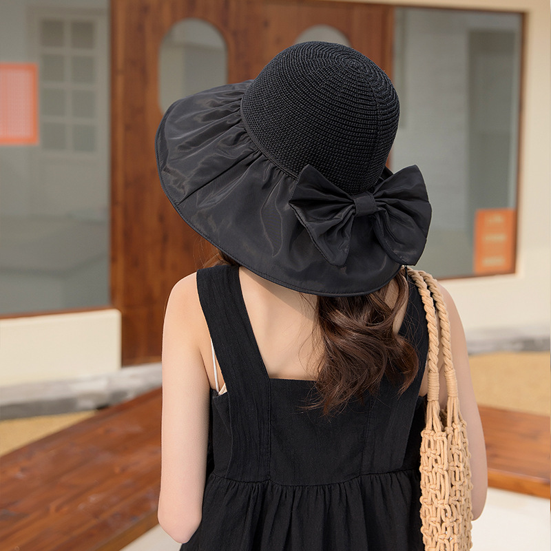 2023 Summer New Vinyl Sun Hat Bow Hollow-out Straw Hat Travel Net Red Sun Hat Sun-Proof Bucket Hat