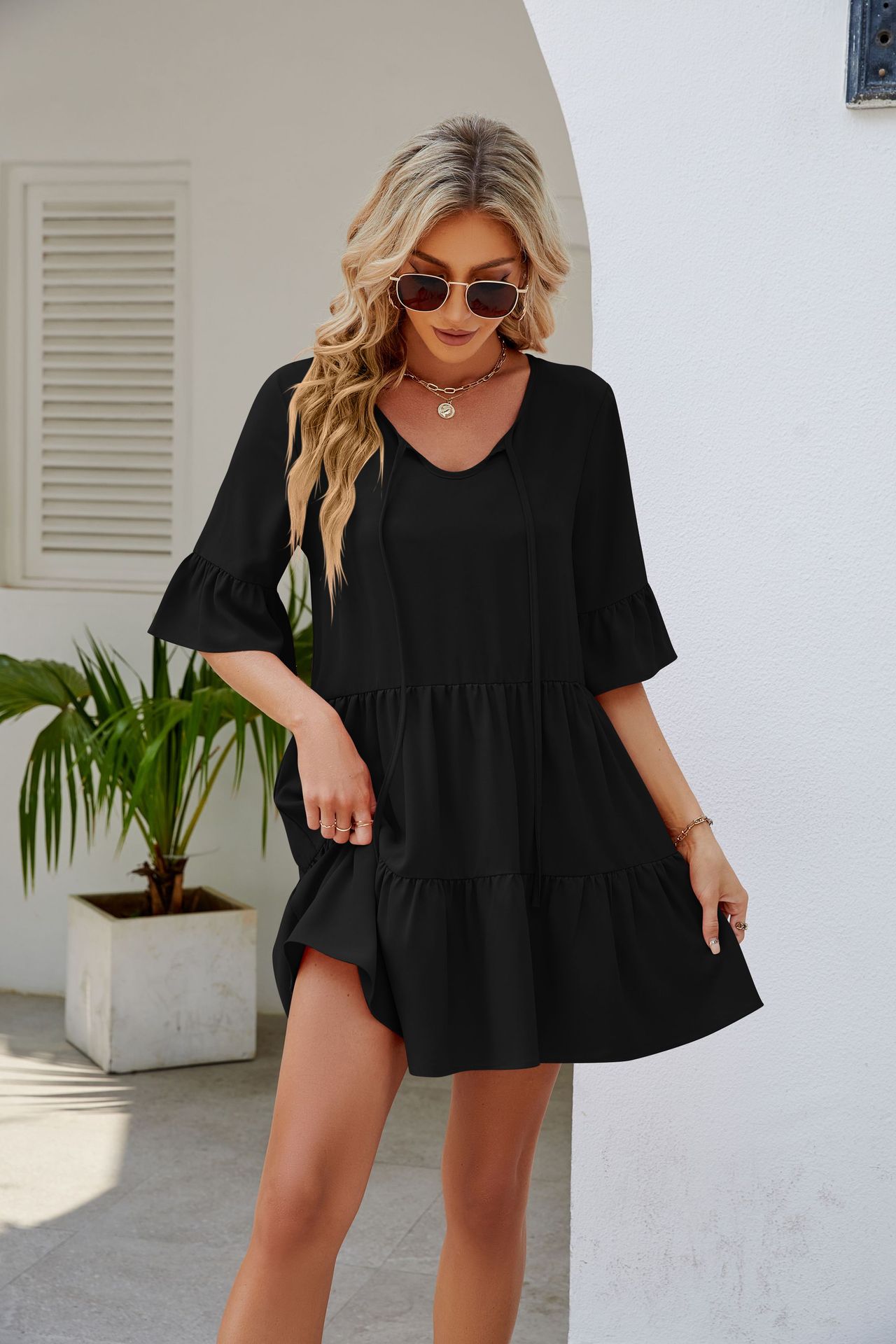 2023 European and American Summer Amazon New Cross-Border Pleated Ruffled Short Sleeve Lace-up Dress A- line Skirt Sundress