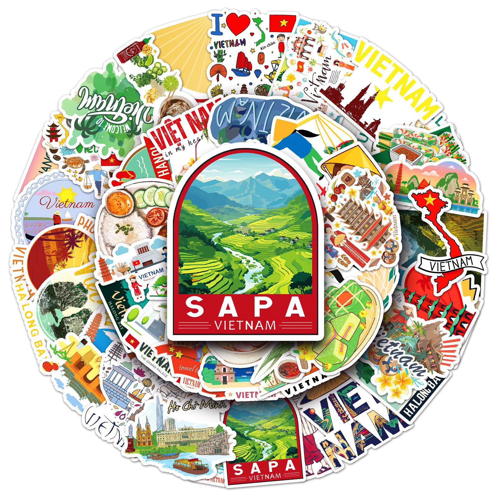 50张越南贴纸vietnam卡通户外风景旅行打卡防水装饰手帐文具贴纸