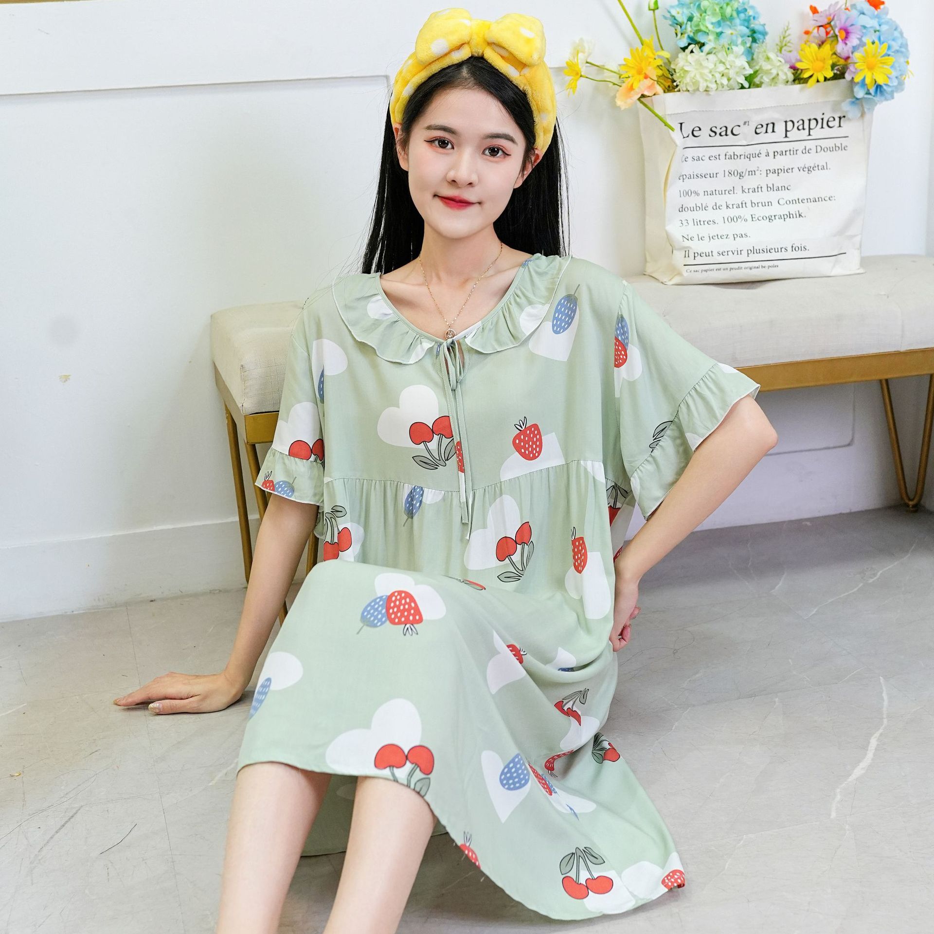 Spring Summer Cotton Silk Nightdress Women's New Sweet Cute Style Home Wear Can Be Worn outside Large Size Printed Ruffled Pajamas