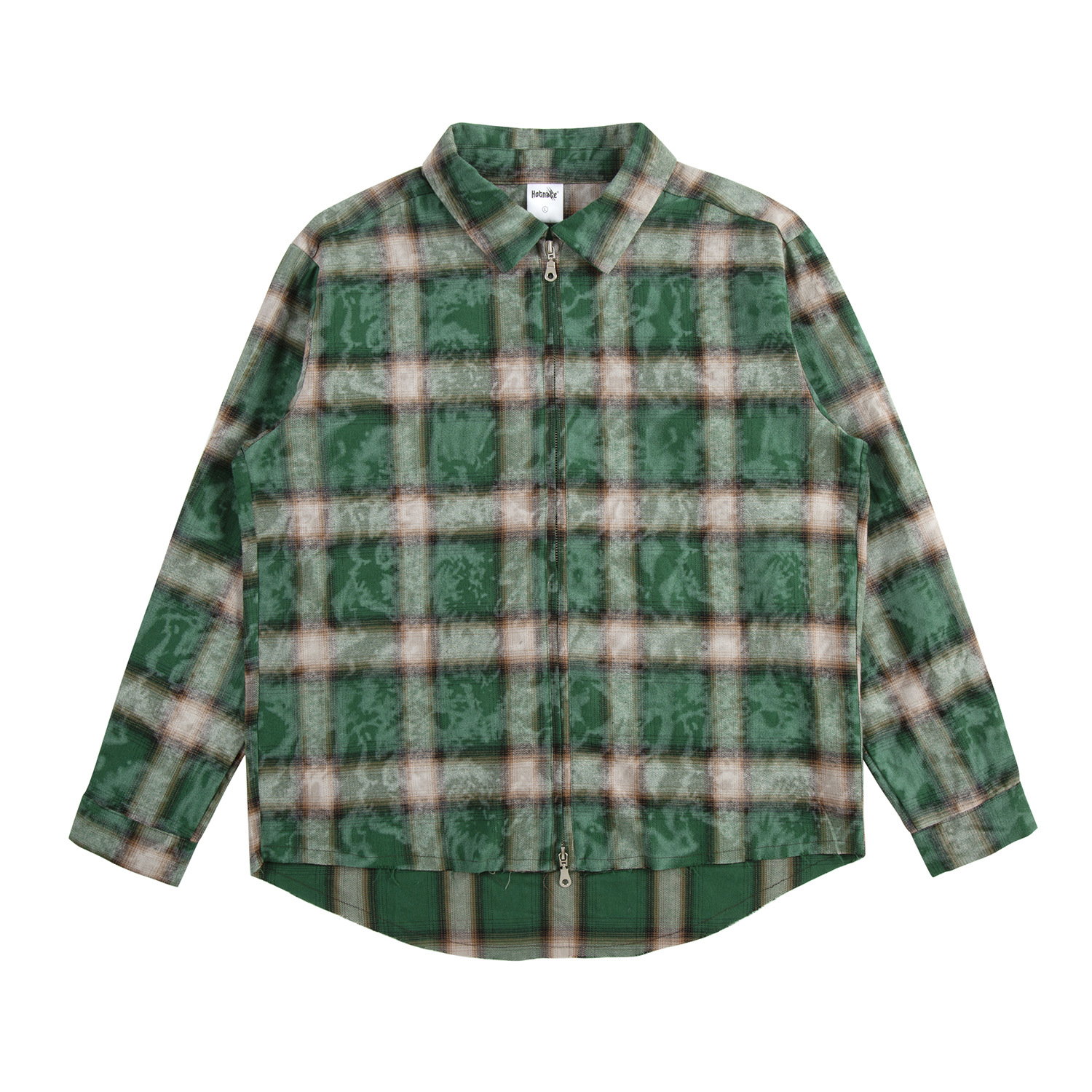 欧美高街复古工艺格子圆弧开叉拉链设计格子图案开衫长袖衬衣衬衫