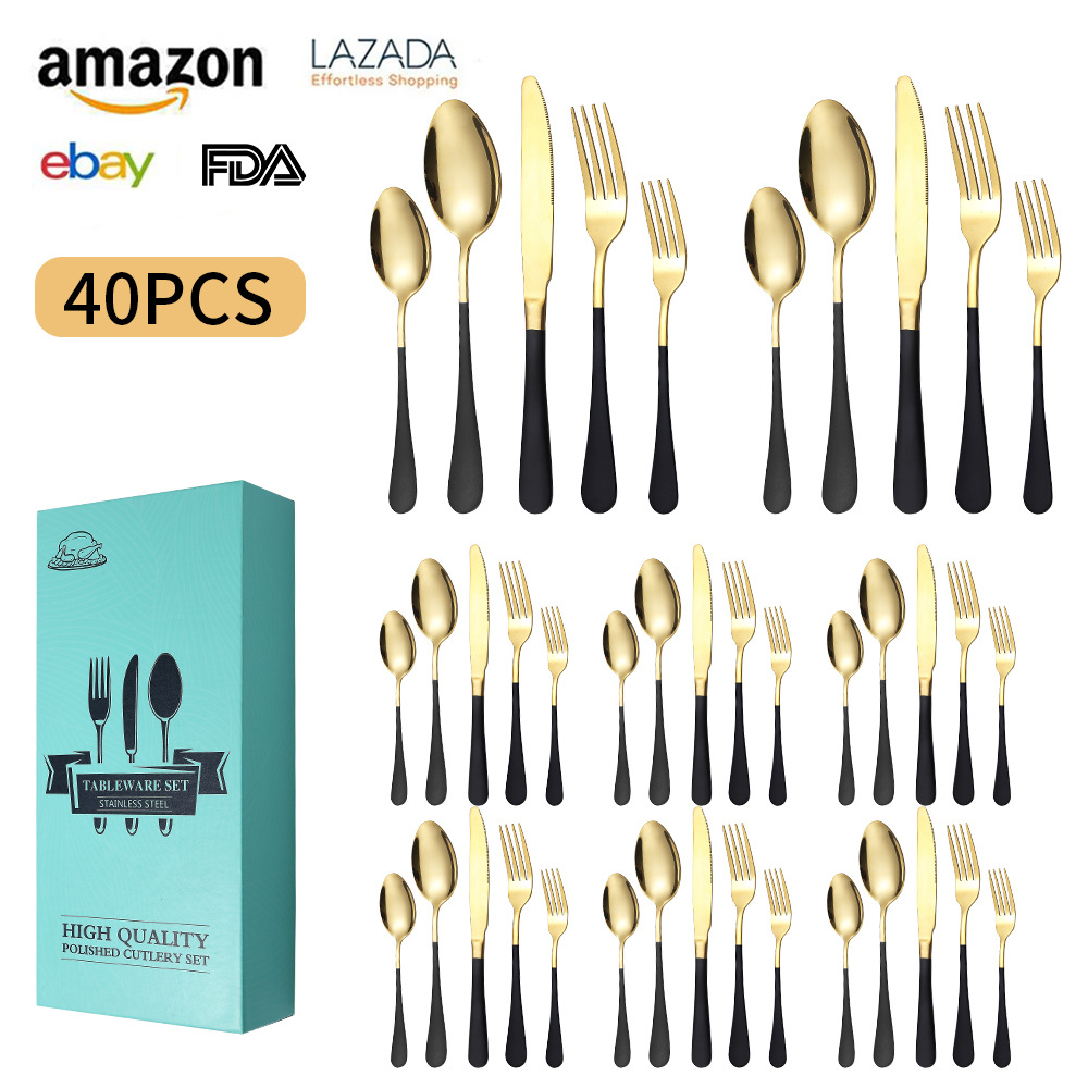 Amazon Hot 24/40/60 Pieces Set Stainless Steel Tableware Knife, Fork and Spoon 4/12 People Western Food/Steak Knives and Forks