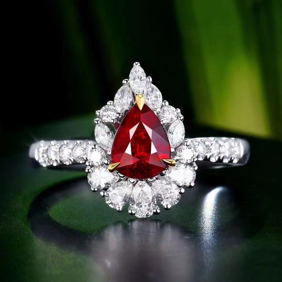 天然无烧红宝石戒指18k金钻镶红宝石指环1.04克拉宝石水滴款戒指