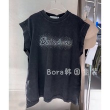 波拉bora韩国男女儿童短袖t恤2024夏装新款中大童黑色背心上衣潮