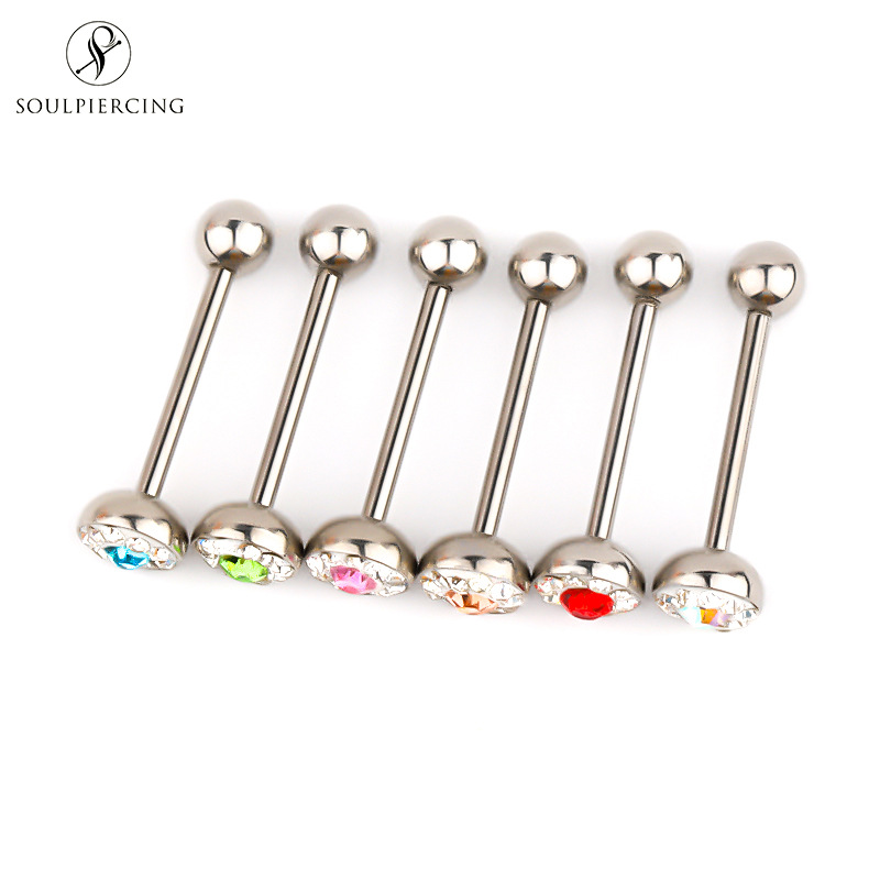 Stainless Steel Diamond-Embedded Tongue Pin Barbell Tongue Ring Body Piercing Ring Best Seller in Europe and America Titanium Steel Cross-Border Hot Girl Multi-Color