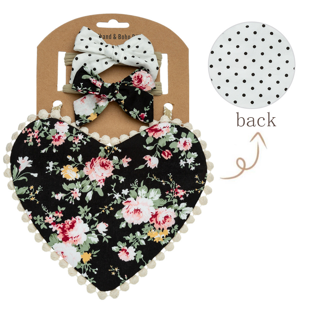 Ins Style New Baby Cotton Bib Baby Double-Sided Printed Love Bib Headband Set Valentine's Day