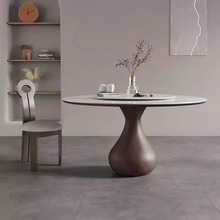 2023新款北欧复古实木岩板圆餐桌带转盘家用圆形餐桌法式中古圆桌