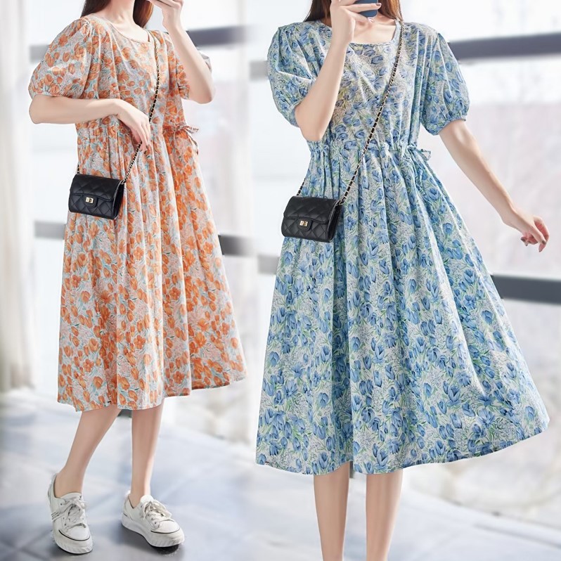 棉质碎花连衣裙 2024夏季新款 收腰系带裙子女中长款短袖a字裙424