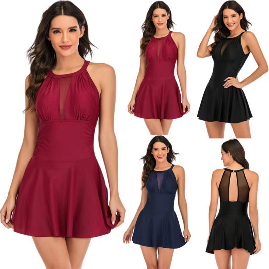 2022新款欧美连体保守裙式比基尼纯色蕾丝网纱拼接大码泳衣女