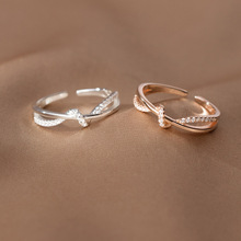 新款日韩风简约镂空双层镶钻缠绕打结戒指时尚个性气质锆石指环女