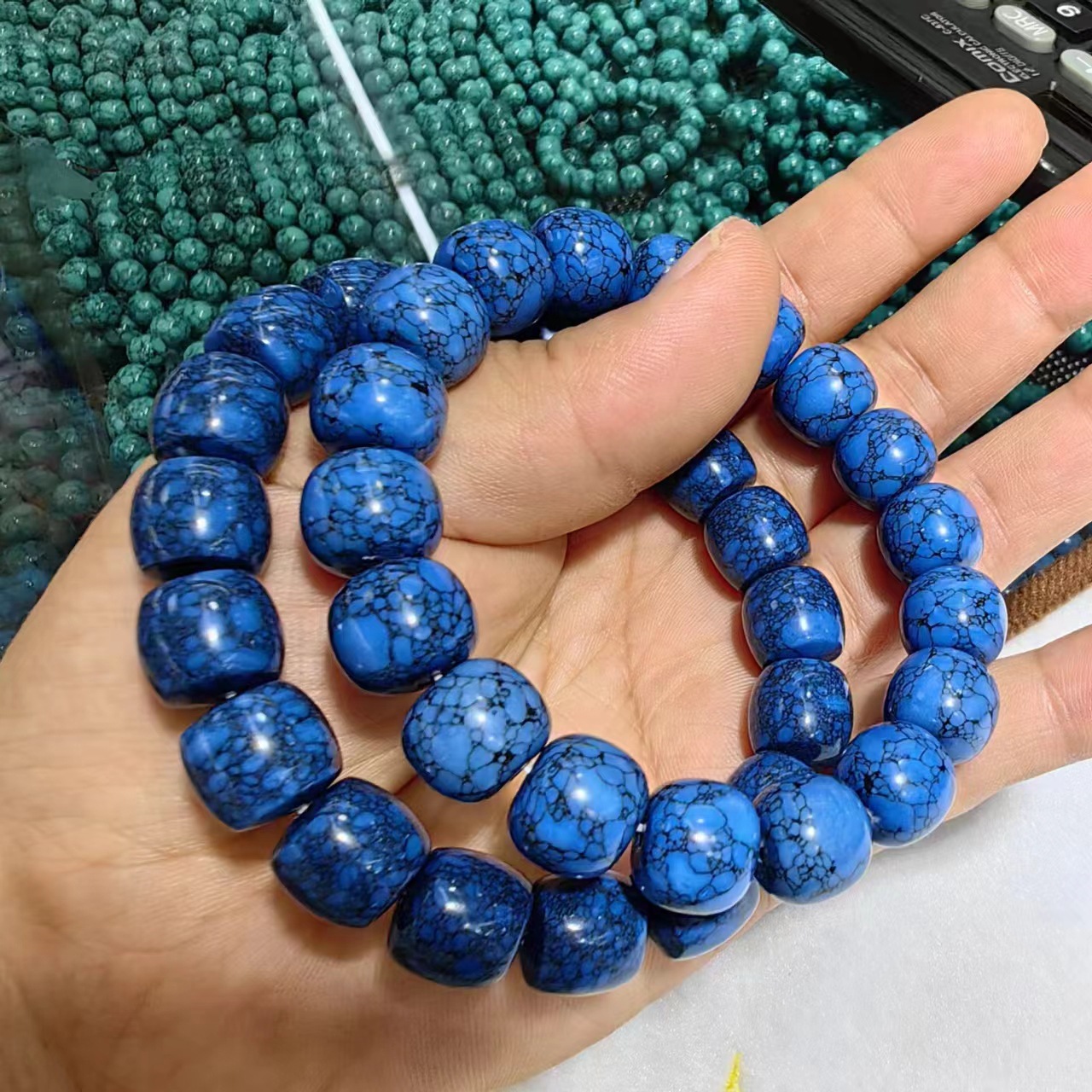 仿绿松石文玩手链串珠菱镁矿优化绿松石网花乌兰花圆珠蓝松石手串