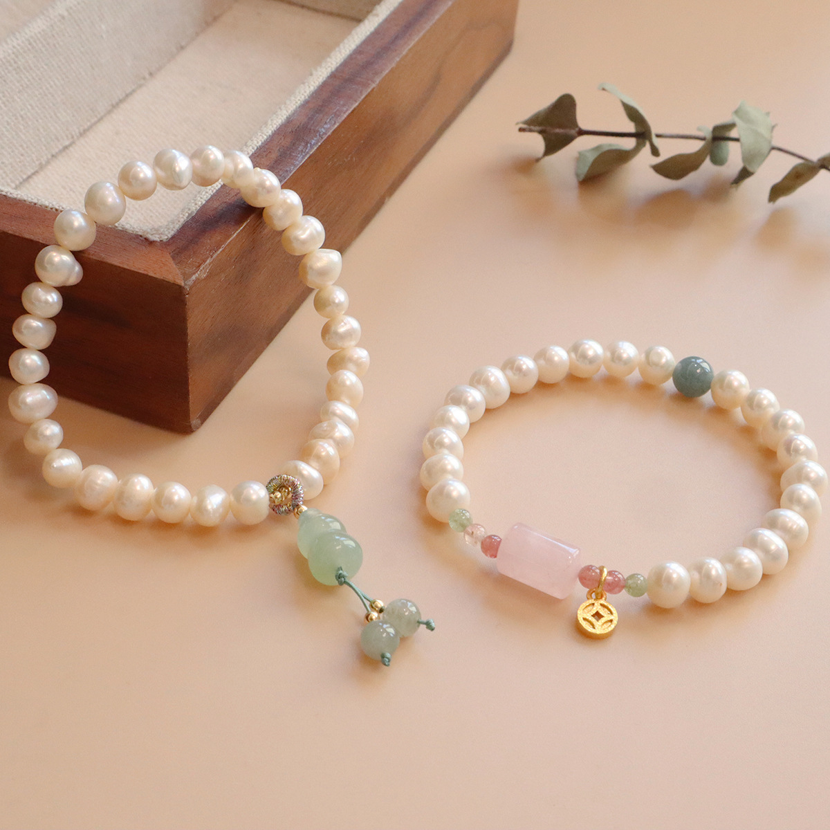 天然淡水珍珠手链女新中式上葫芦碧玺粉水晶转运珠手饰品福牌