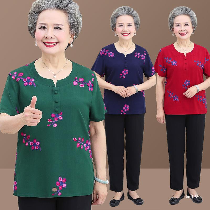 棉麻圆领中老年人女装妈妈上衣岁老人衣服t恤奶奶夏装短袖夏季60
