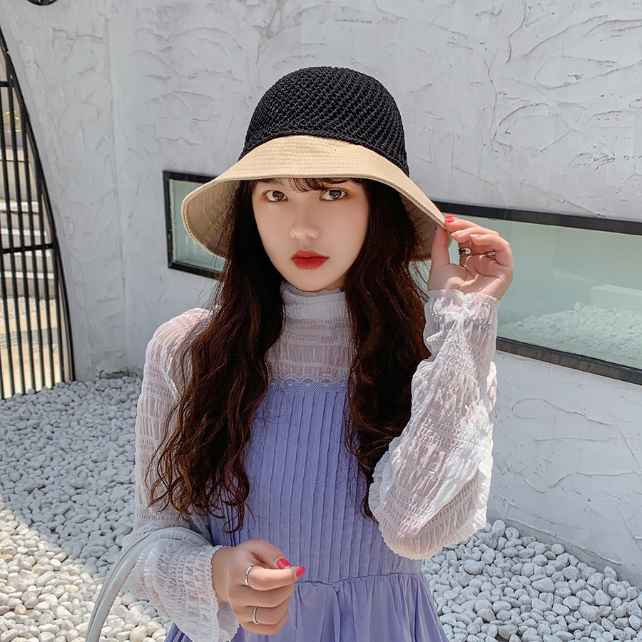 现货网红针织顶拼接渔夫帽子女拼色蝴蝶结遮阳帽韩版百搭盆帽批发