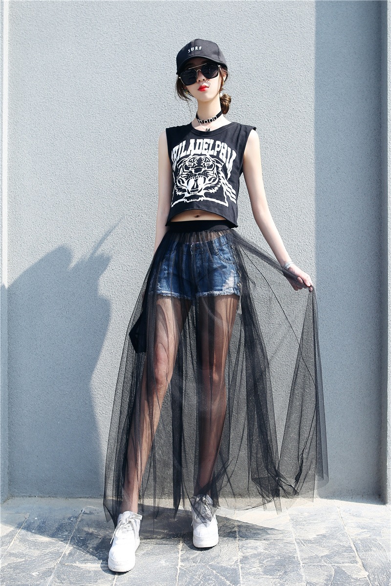 2021春夏季超薄透视网纱纱裙单层罩裙长裙半身裙高腰外搭透明中长