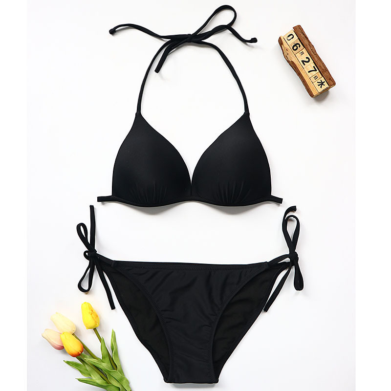 新款黑色比基尼性感聚拢三点式小胸显瘦泳装沙滩分体度假温泉泳衣