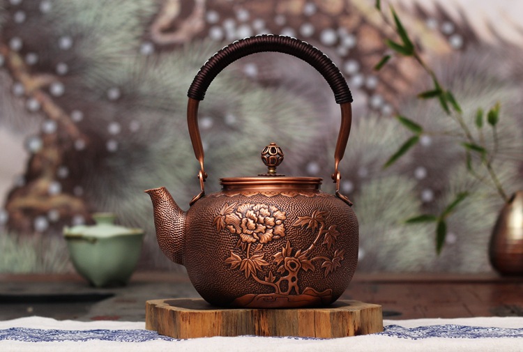 昆吾山【圆点牡丹】花开富贵手工雕刻铜壶茶具送长辈礼物摆件养生