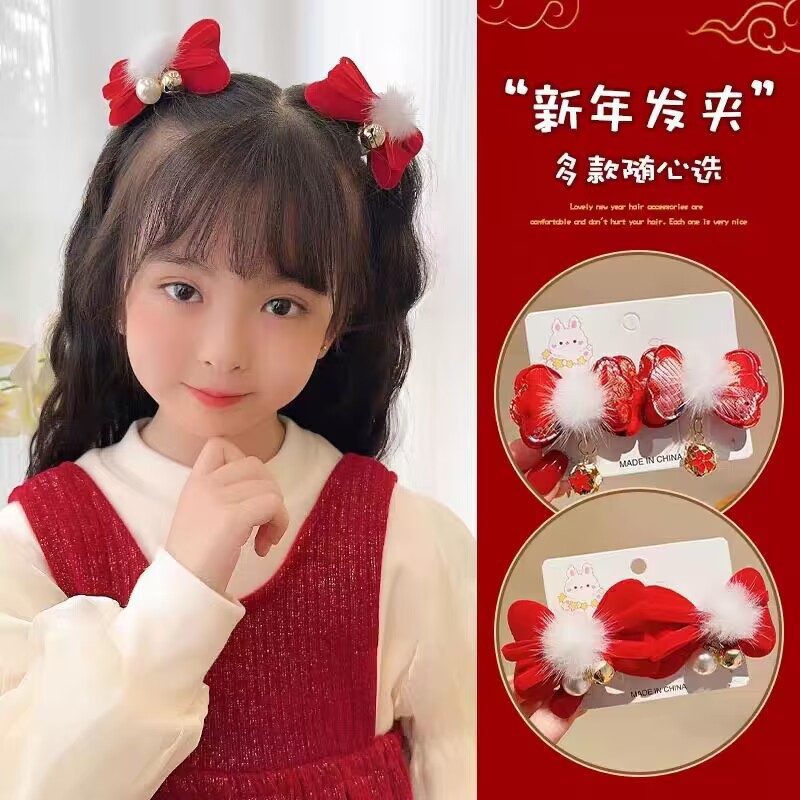 children red mink velvet barrettes festive new year antique hair accessories girls baby spring festival hanfu hairpin factory wholesale