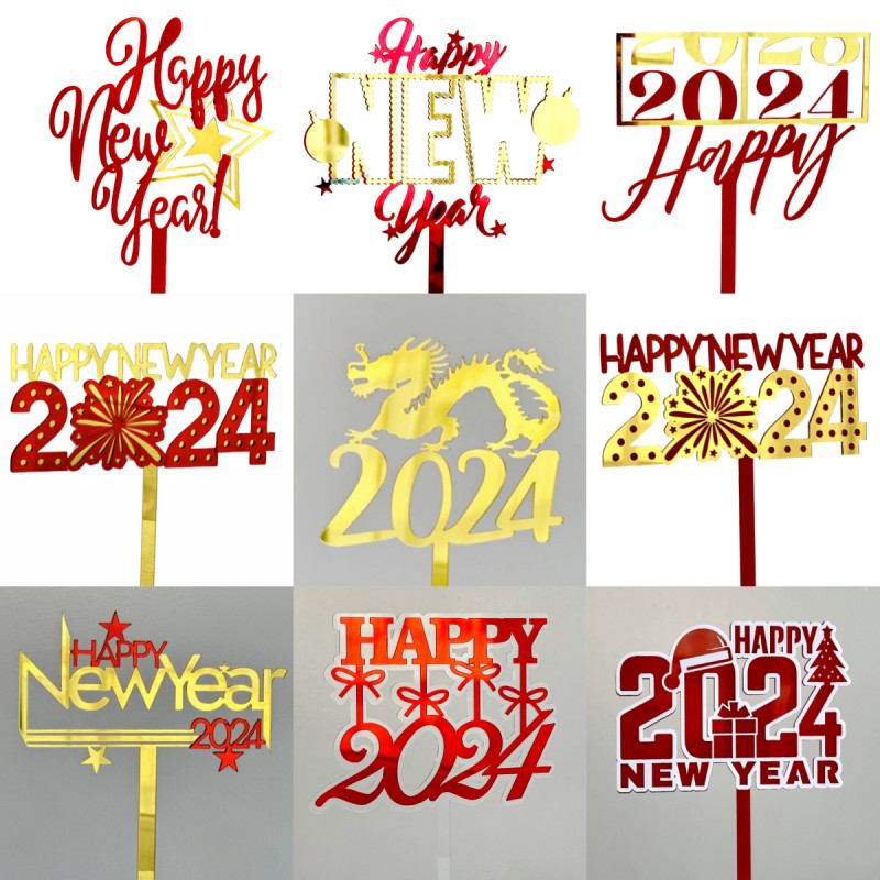 Copyright INS Style 2024 New Year Acrylic Cake Decoration Happy New Year New Year Cake Plug-in Party Supplies