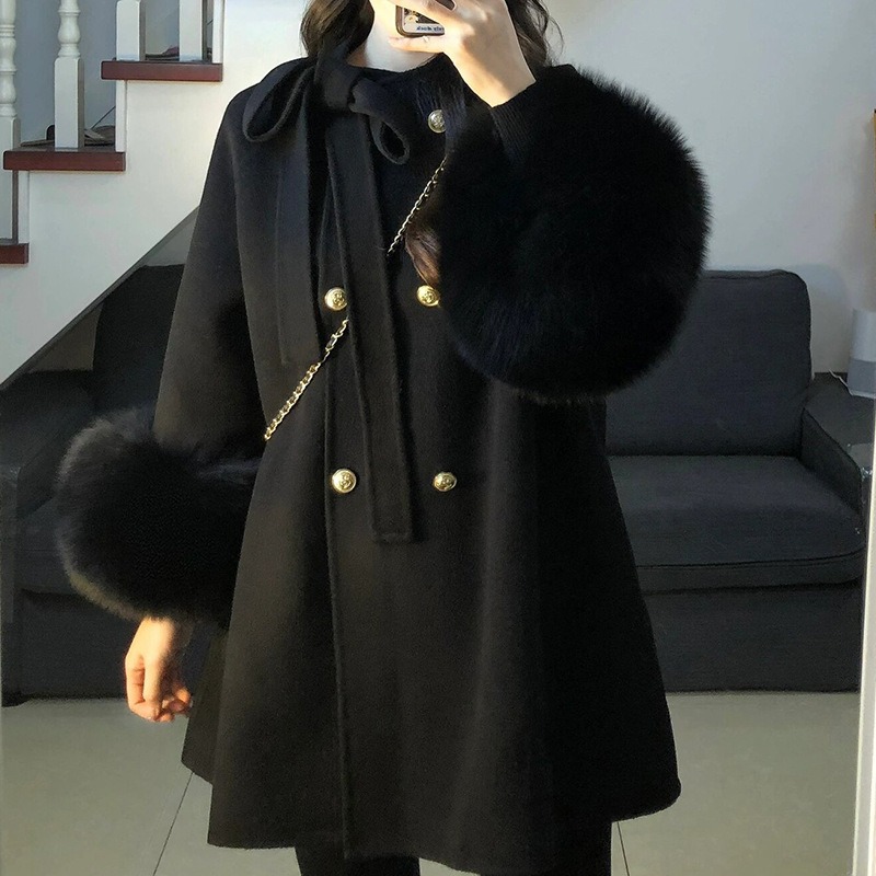 金扣蝴蝶结黑色呢子大衣女秋冬款今年流行富家千金高级感毛呢外套