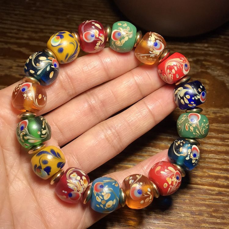 包浆满风化蜻蜓眼凤尾老琉璃多宝算珠手串 老琉璃算盘珠手链收藏