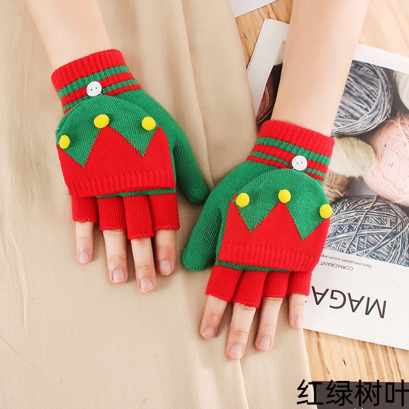 Christmas Gloves for Women Winter Half Finger Flip Cold-Proof Thermal Knitting Wool Cute Cartoon Open Finger Students Wholesale