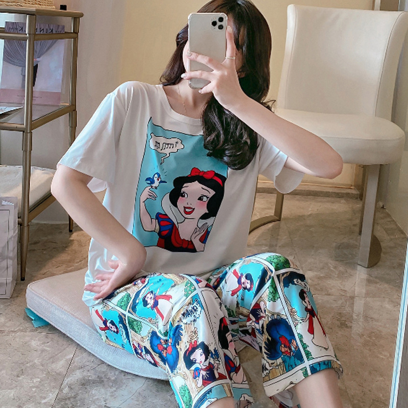 Pajamas Summer Suit Student Ins New Short-Sleeved Trousers Plaid Pants Loose Large Size Korean Cartoon Home Wear