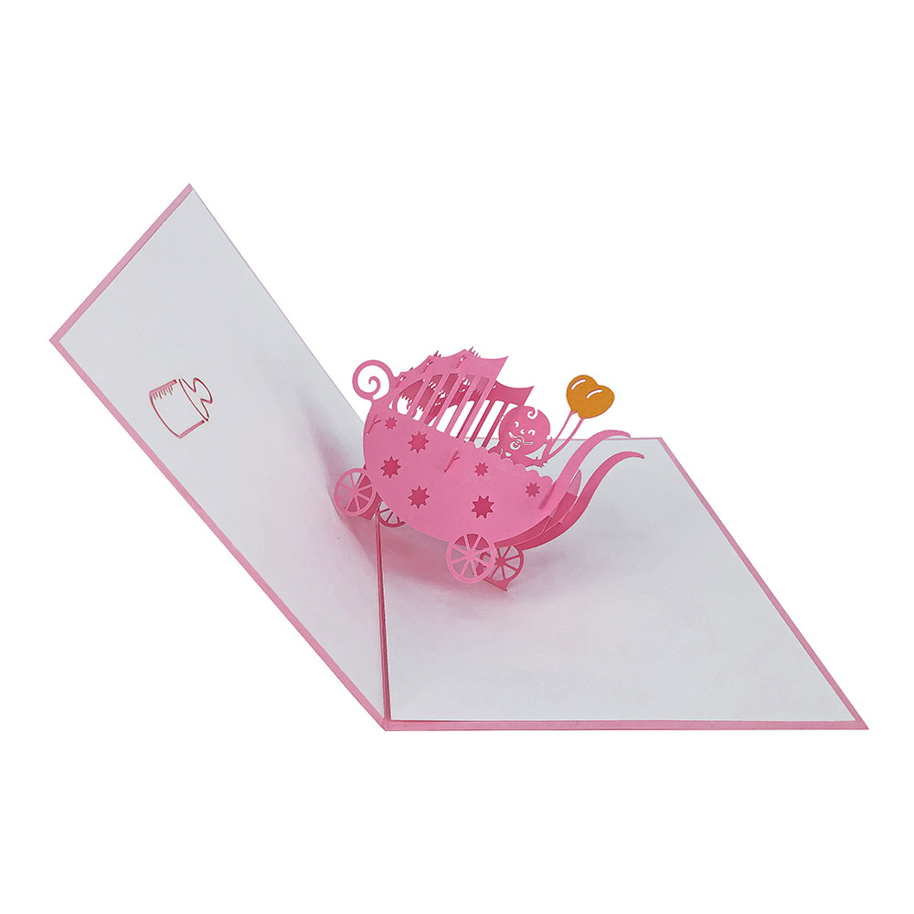 深圳厂家定制卡片软萌六一儿童节礼物粉色女孩婴儿车3d立体贺卡