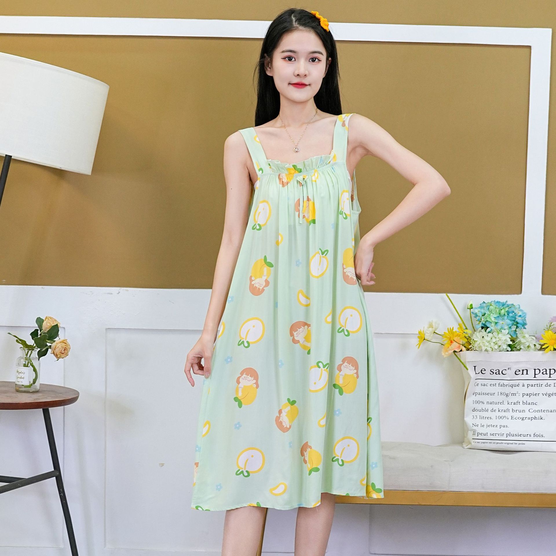 夏季棉绸睡裙女新款无袖甜美可爱风吊带家居服宽肩带宽松薄款睡衣