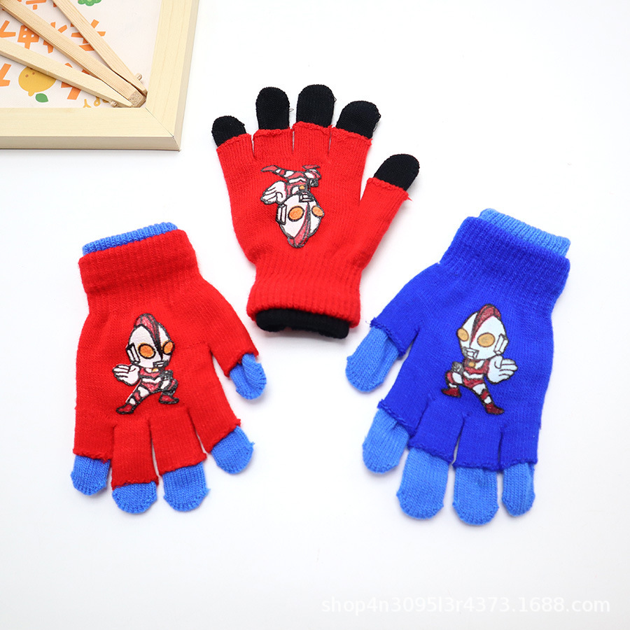 儿童针织手套两件套秋冬季防寒保暖中小童男孩卡通奥特曼半指五指