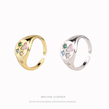 s925纯银外贸韩国东大门个性彩色宝石款几何开口戒指时尚流行指环