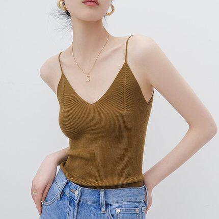 法式复古v领无袖针织吊带背心女夏季打底内搭高级感外穿棕色上衣