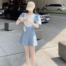 炸街感连体裤女夏季韩版设计感拼色镂空泡泡袖显瘦连衣裤套装