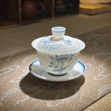 纯手绘羊脂玉瓷茶具高档陶瓷不烫手薄胎盖碗悬停茶杯套装家用泡茶