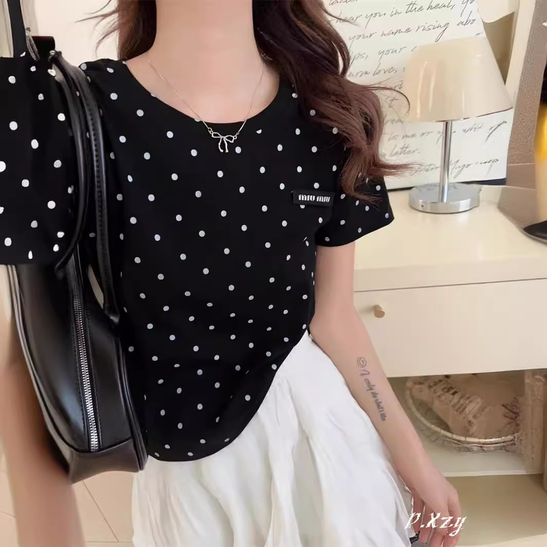 ad 夏季新品女装百搭韩版女士短袖t恤薄棉麻圆点印花女款小衫休闲