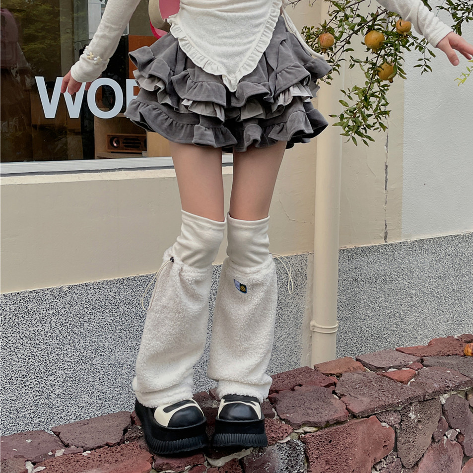 let me see 毛绒绒温暖腿套日系抽绳甜酷辣妹小腿袜少女堆堆袜